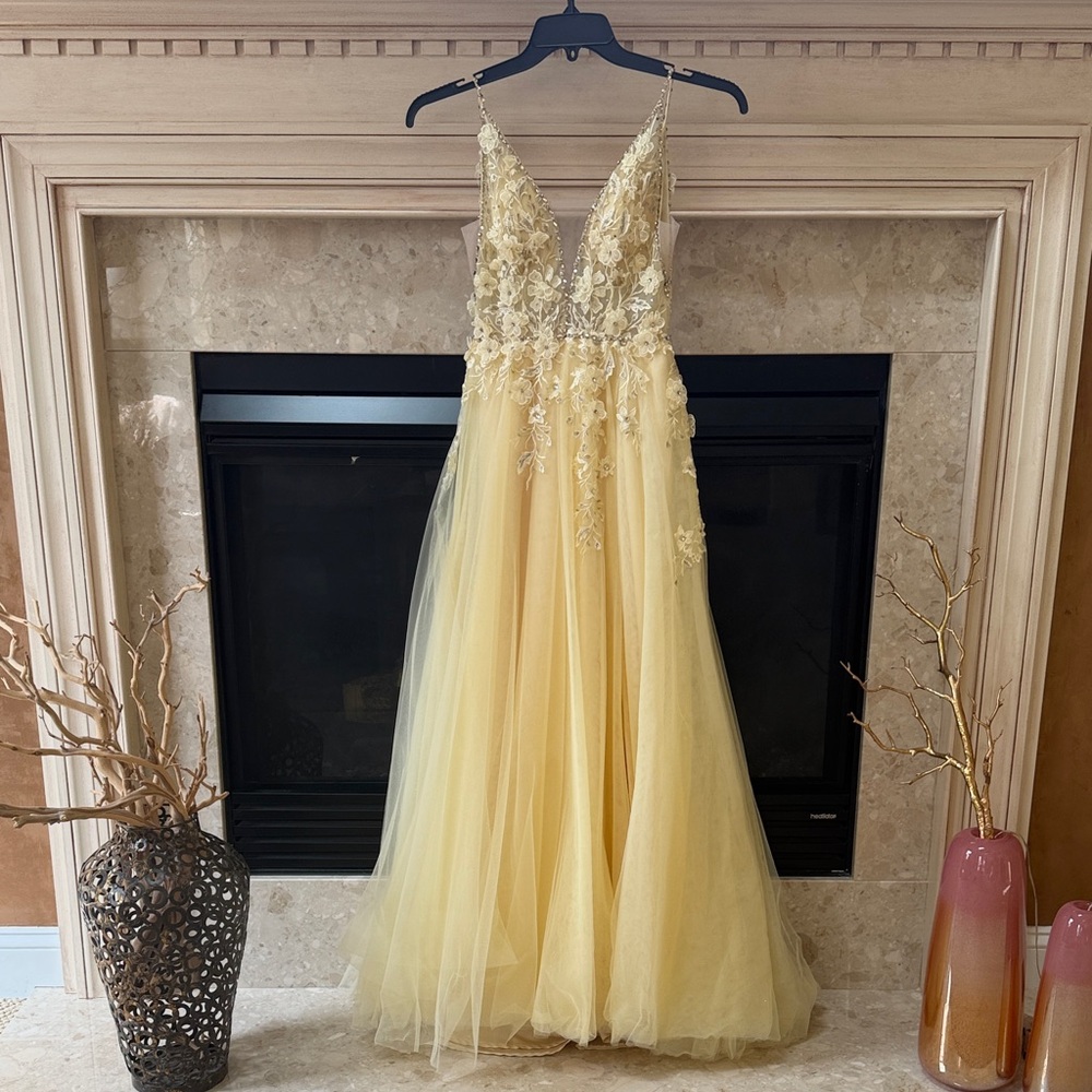 Mac Duggal yellow chiffon gown